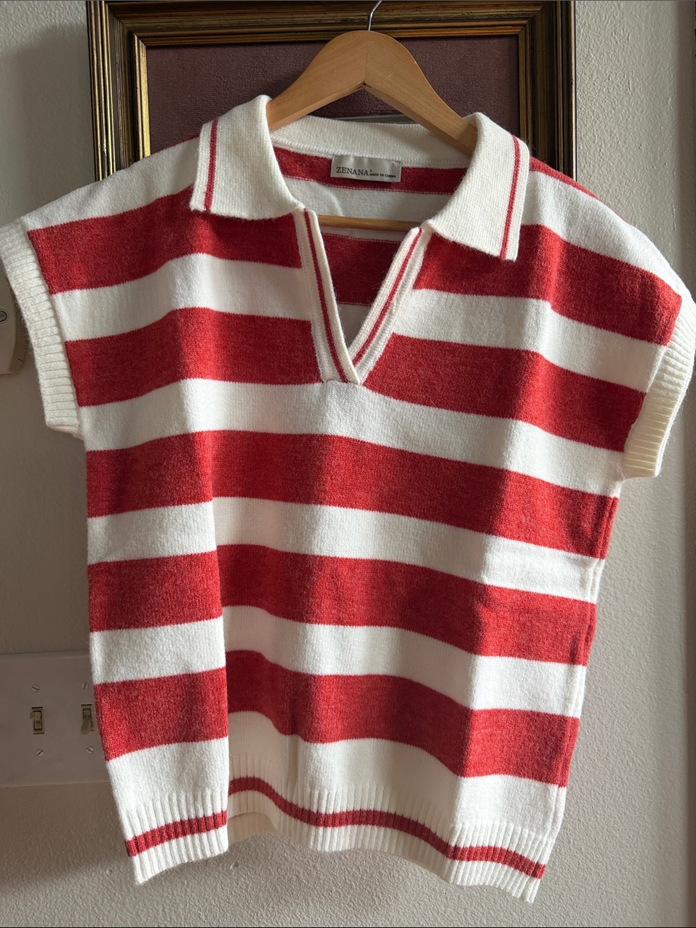 Zenana Outfitters Red and White Striped V-Neck Polo Sweater